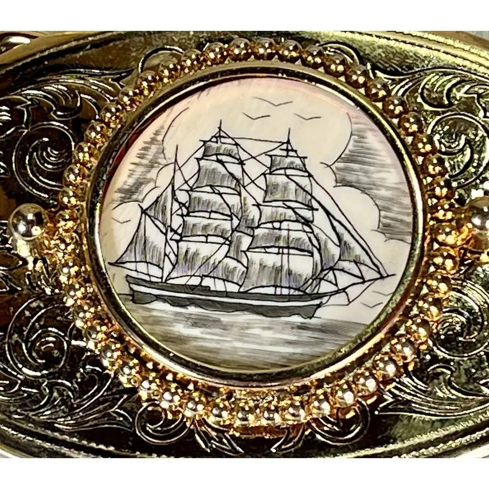 VTG Solid Brass Belt Buckle w/ Handcrafted Nautical Ship Scrimshaw Center NOS